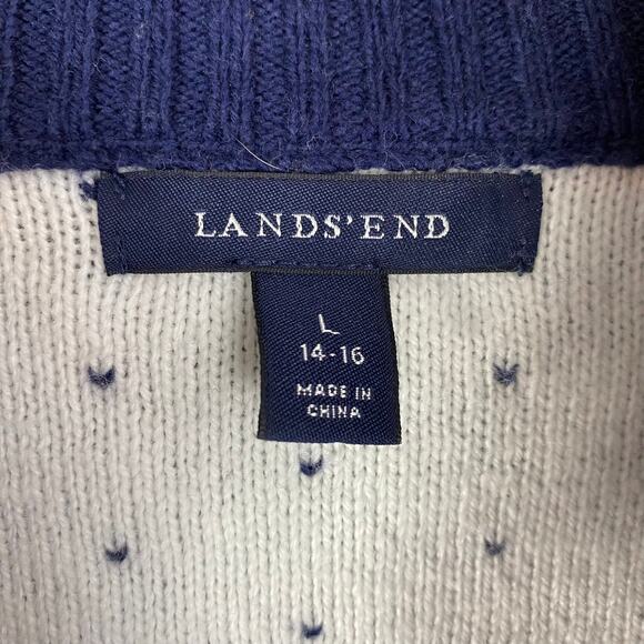 VTG Lands End Fair Isle Cardigan Sweater Women L Blue Cotton Wool Blend Nordic - Picture 5 of 8